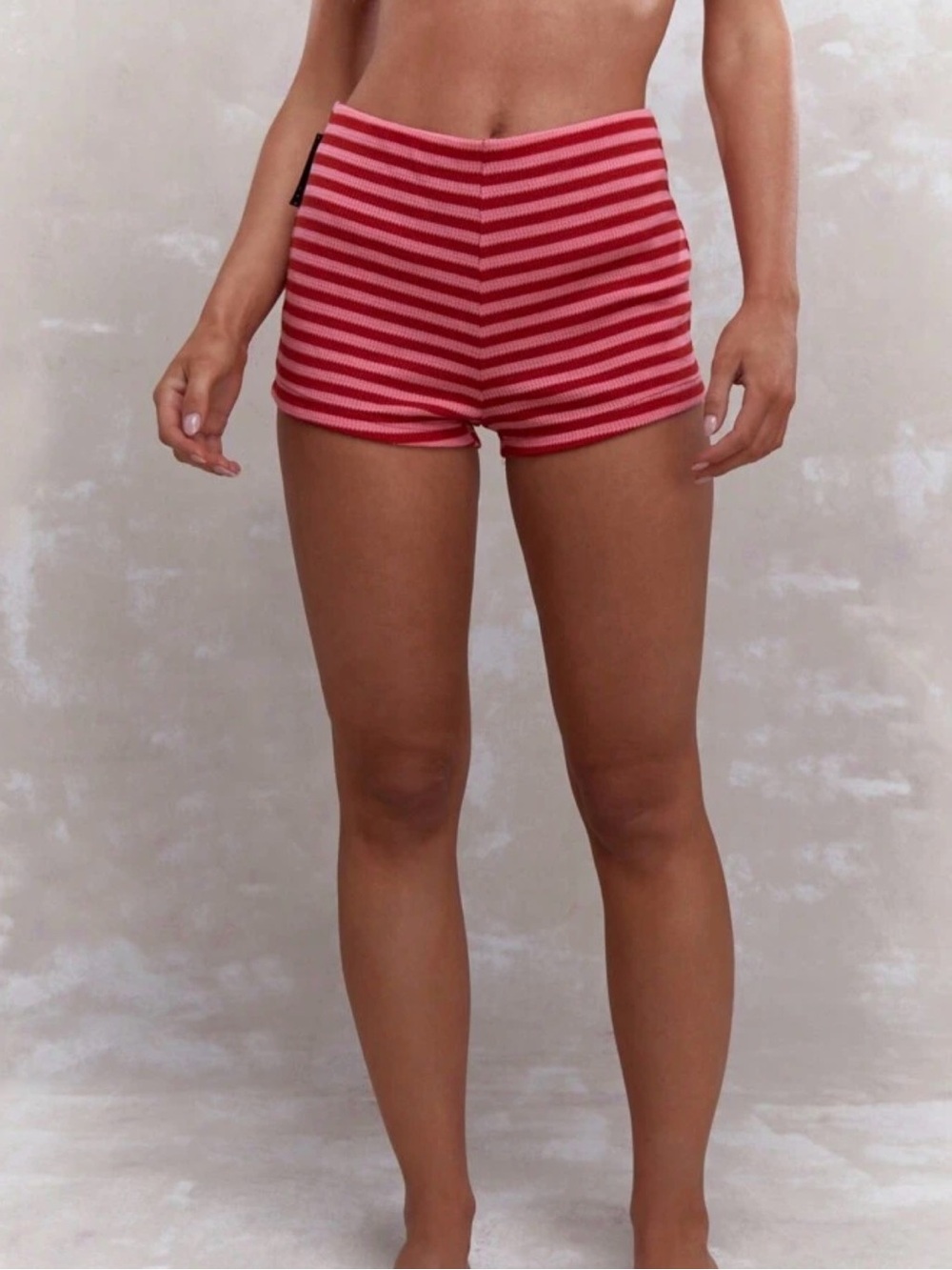 Red and Pink Striped High Waist Ribbed Shorts